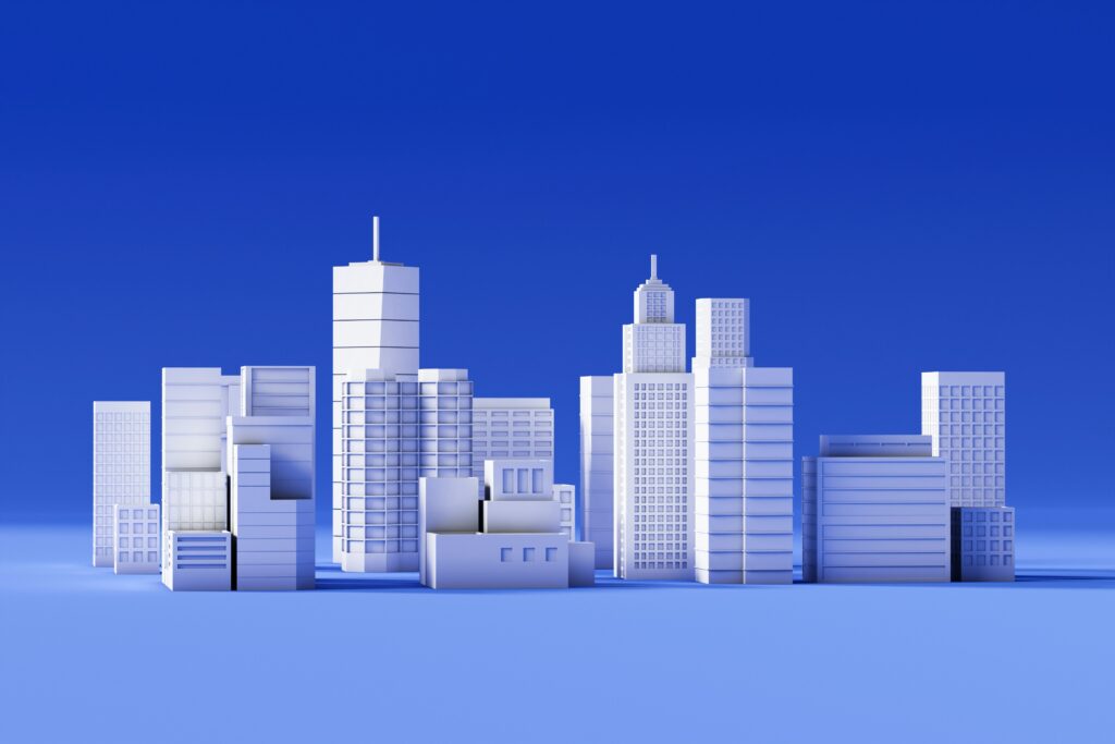 Commercial real estate skyline illustration representing office buildings, retail properties, and investment opportunities in Macon, Georgia.
