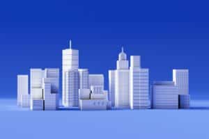 Commercial real estate skyline illustration representing office buildings, retail properties, and investment opportunities in Macon, Georgia.