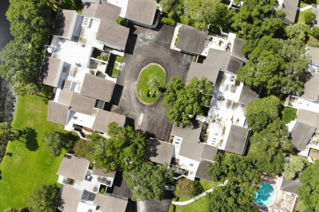 Aerial view of residential homes and neighborhood