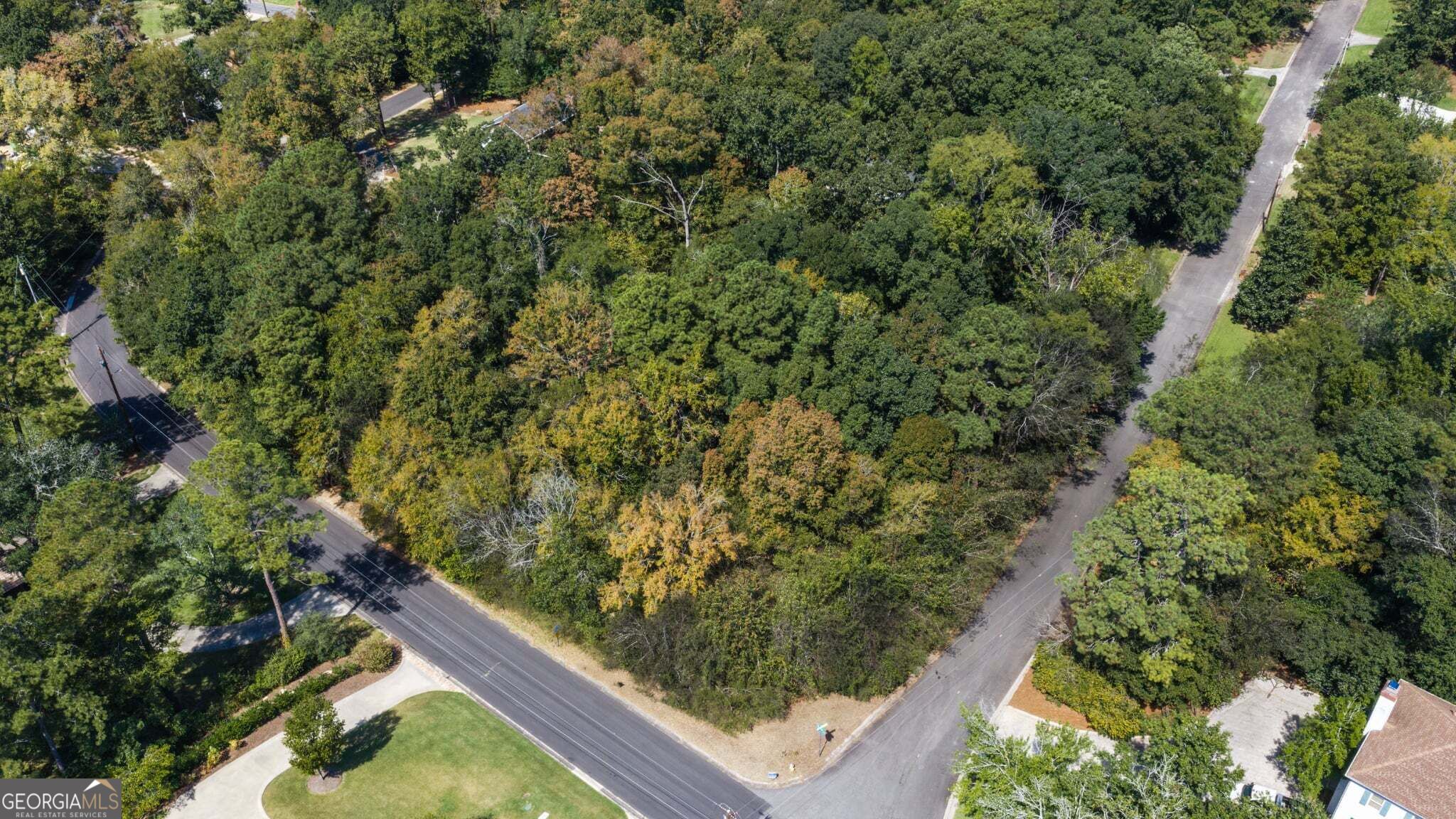 Aerial view of the wooded 0.85-acre corner lot at 4195 Canyon Road in Country Club Estate, Macon, Georgia