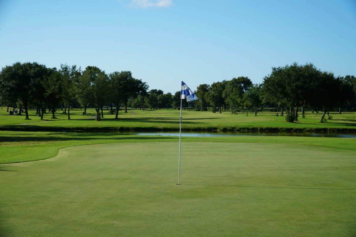 Golf Course Lifestyle Near Idle Hour Country Club Macon GA - Patti Chapman Real Estate™ Golf course putting green with flag, water feature, and mature trees